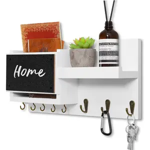 Decorative Key Hanging Rack with 8 Hooks – Easy Install Natural Wooden Key and Mail Holder for Wall Mount – Sunglasses Wallet Holder Entryway Decor with Shelf and Chalkboard (White)
