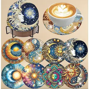 Sun and moon diamond painting coasters 8 piece set with holder cork pads gem art dots for adults beginners craft supplies