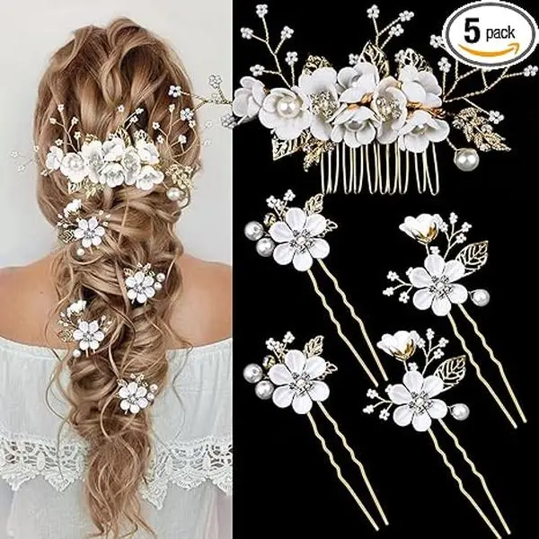 5-Pack Bridal Flower Hair Pins – Crystal Pearl Wedding Hair Clips with Rhinestone, Gold Floral Hair Accessories for Brides, Bridesmaids, Women & Girls