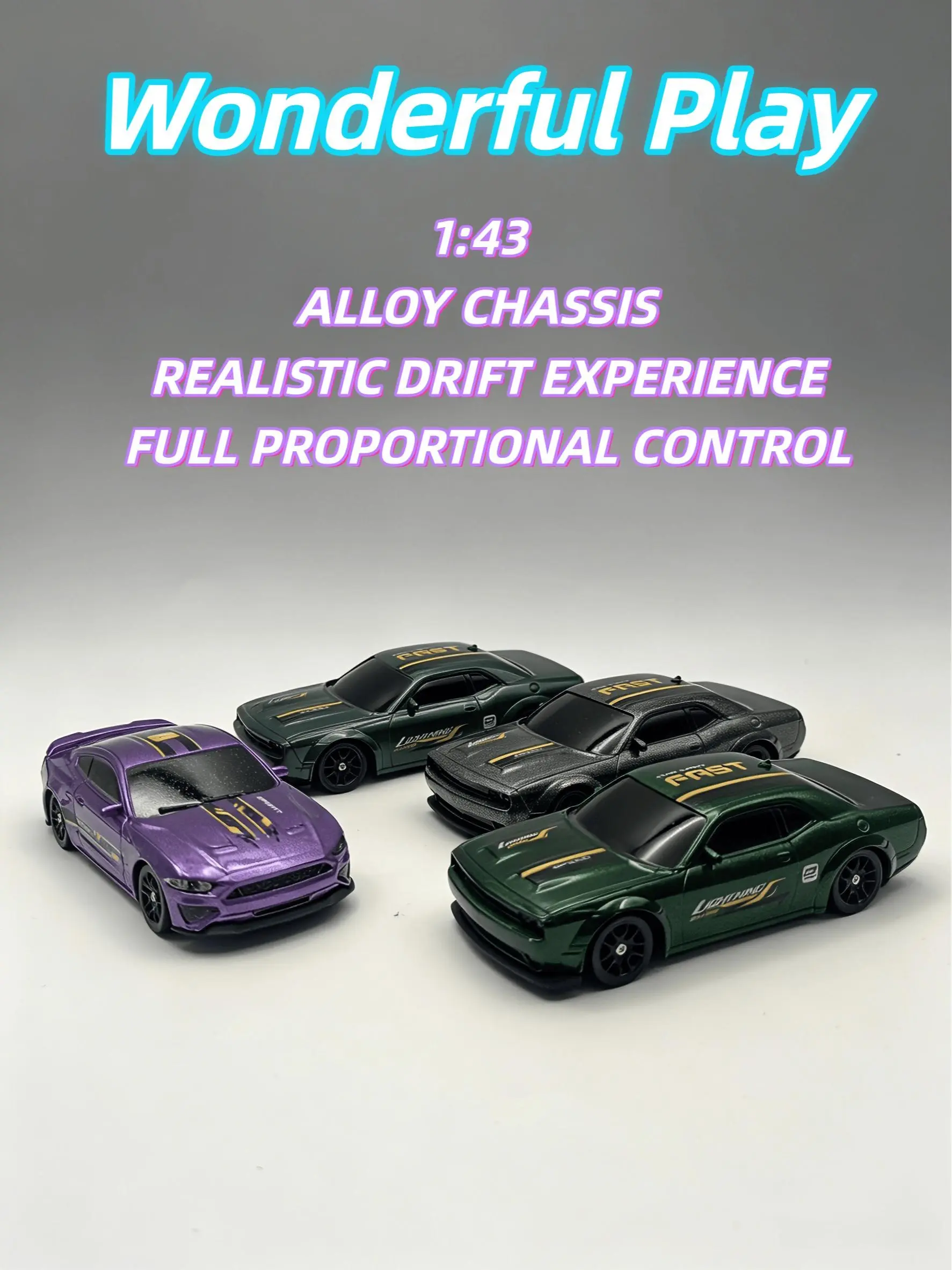 1:43 Mini 4WD RC Drift Car, 2.4GHz Proportional Rechargeable Remote Control Toy Vehicle with Dual Tires, Adjustable LED Underglow, USB Charge & Built-In Battery