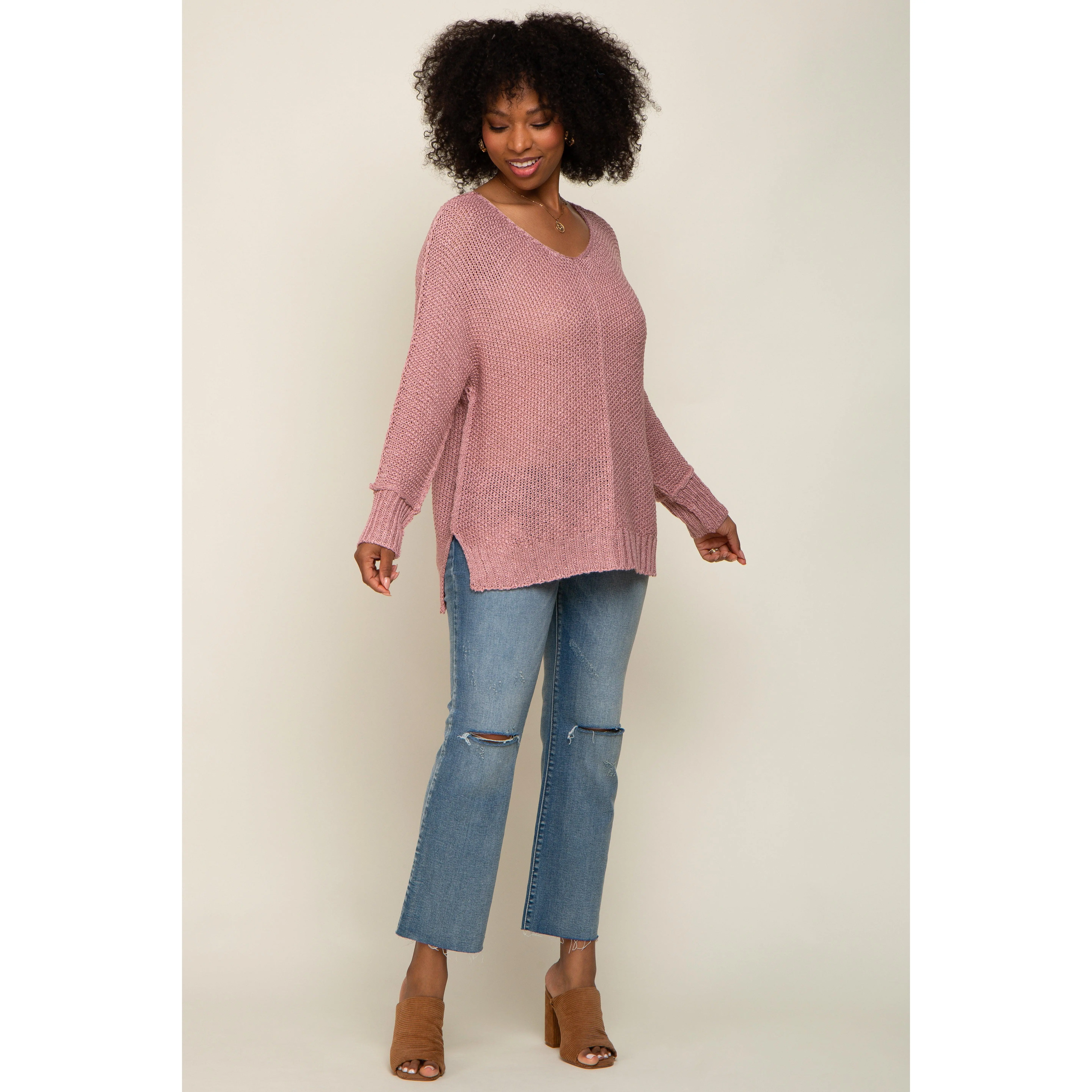 Mauve Chunky Knit Side Slit Sweater