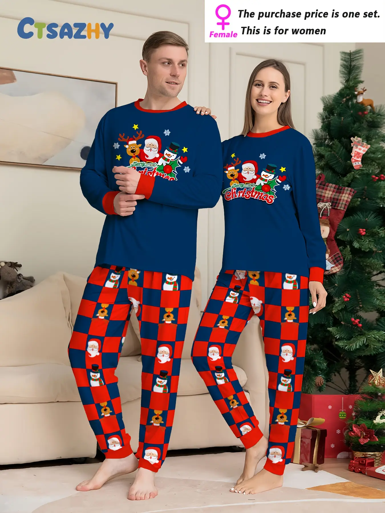 Men's Christmas Long Sleeve Pajama Set, Tree, Socks & Stars Print - Crew Neck Two-piece Loungewear, Christmas Family Pajama Set, Christmas Couple Pajama Set, Family Pajama Set, Couple Christmas Pajama Set, Christmas Family Package Pajama Set