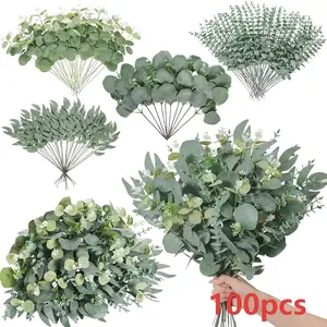 100 Piece Artificial Eucalyptus Stem Leaf Set, 4 Types Plant Inserts, Ideal for DIY Bouquets, Floral Arrangements, Home Decor