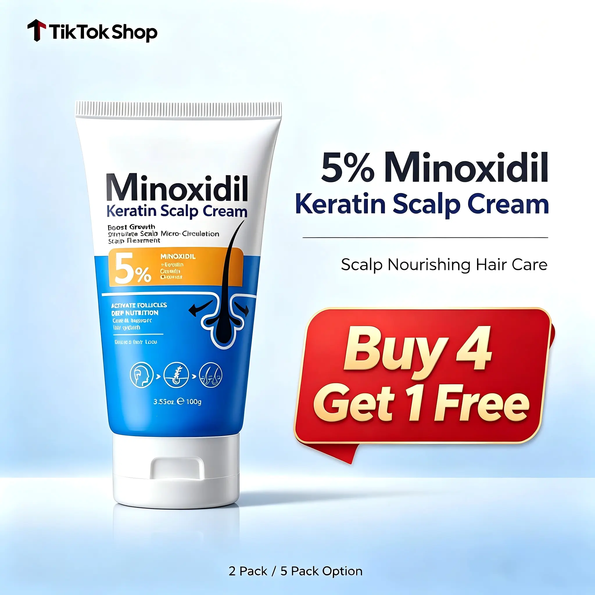 Buy 4 Get 1 Free 5% Minoxidil Keratin Scalp Cream, Nourish Scalp & Strengthen Hair, Unisex Daily Scalp Care for Thinning Hair, 100g Per Tube