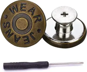 Jeans Buttons, 15 Sets 17mm No-Sew Nailess Removable Metal Jeans Button Replacement Repair Combo Thread Rivets and Screwdrivers