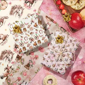 Rose Horse Racing Theme Gift Wrapping Paper Set, Watercolor Pony Decorative Outer Packaging, Party Birthday Use, 4 Sheets 2026 New Design