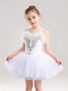 Girls’ Performance Ballet Dress – Lightweight Tulle One-Piece with Feather and Sequin Embellishments, Stage/Performance Use
