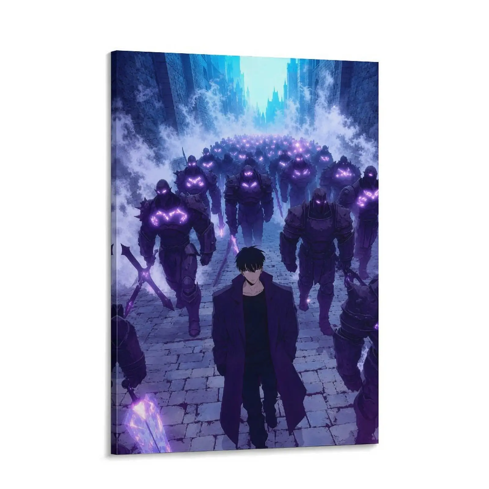 Solo Leveling Sung Jinwoo Shadow Army Canvas Wall Art, Dark Anime Sung Jin-Woo Glowing Purple Armor Canvas Print, Cool Manga Gamer Room Decor Poster for Bedroom Boys Gift