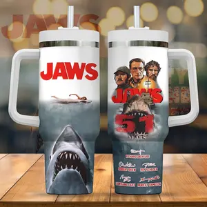 JAWS 51 Years Anniversary Tumbler With Handle 40oz, Movie Cast Signatures Richard Dreyfuss Robert Shaw Roy Scheider, Great White Shark Insulated Travel Mug Straw, Amity Island 1975 - 2021, Retro Horror Film Fan Gift Cup TikTok Viral