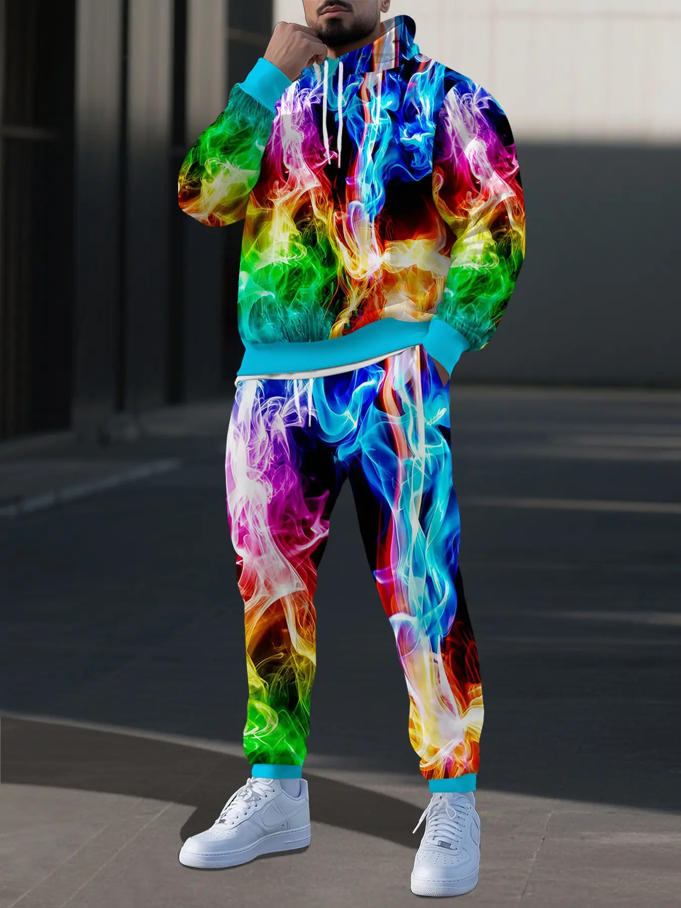 Color Gradient Full-Print Hoodie Set, Casual Long Sleeve Hooded 