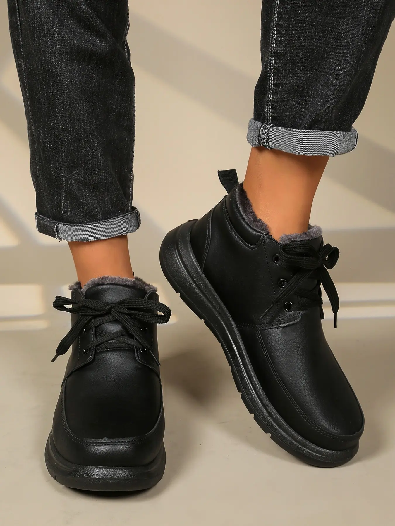 Men's Soft Leather Fur Lined Thickened Shoes, Warm Comfortable Cotton Boots, Lightweight Snow Boots, Dad Style Shoes, Fur Trim Boots