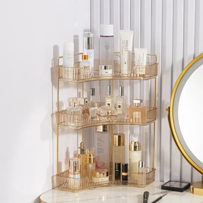 3-Layer Transparent ABS Adjustable Corner Bathroom Organizer with Shelves - Makeup Storage, Nail Polish Utility Racks for Cosmetic, Perfume Countertop Dresser Tray | Summer Deals campingessentials, Bathroom Accessories, Makeup Organizer