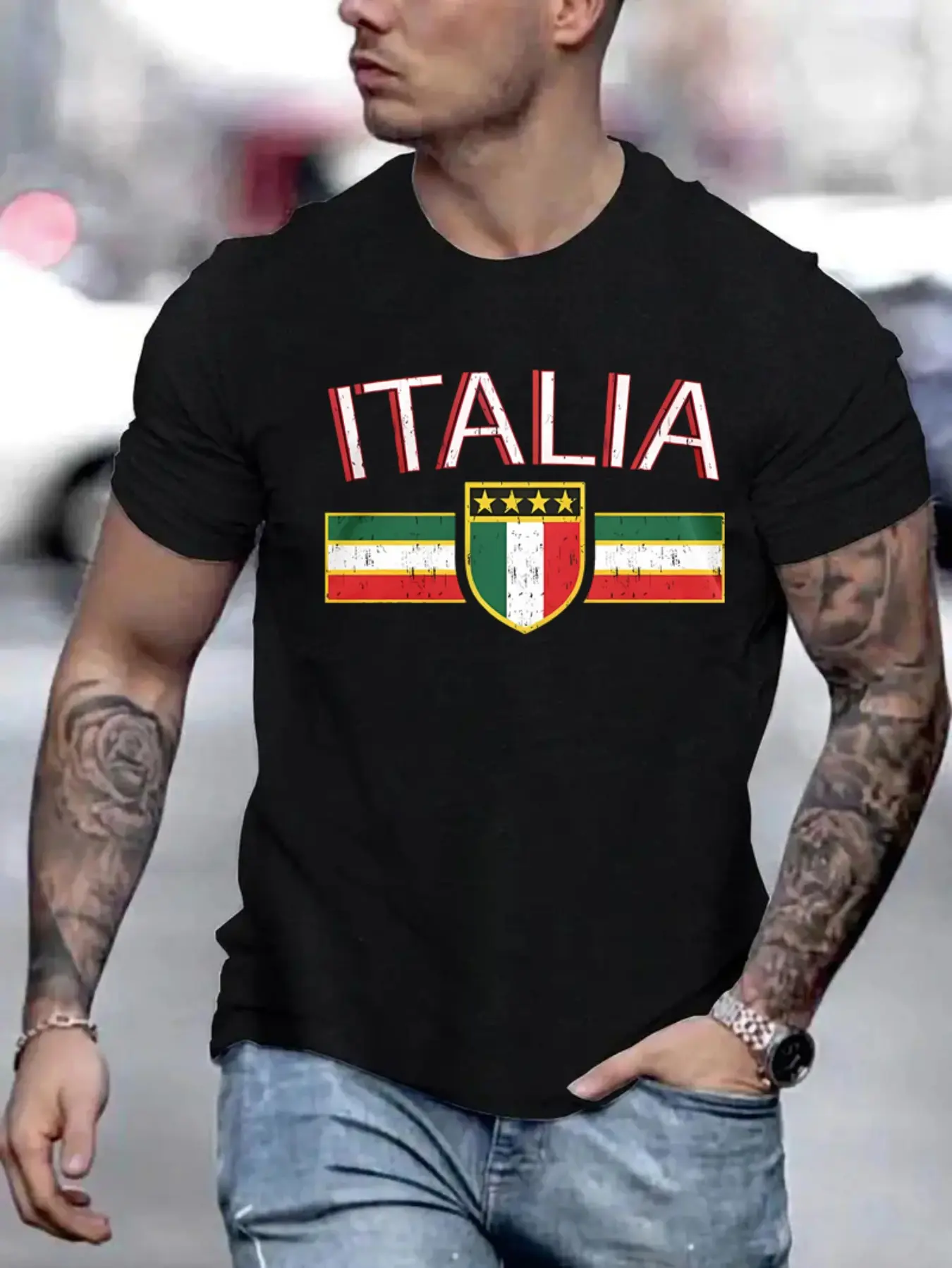 Men's Italian Flag Graphic Crew Neck T-Shirt - ITA unisex soft cotton short sleeve t shirt, vintage graphic casual tee for men women teens, perfect birthday holiday gift for camping travel gym daily street casual wear