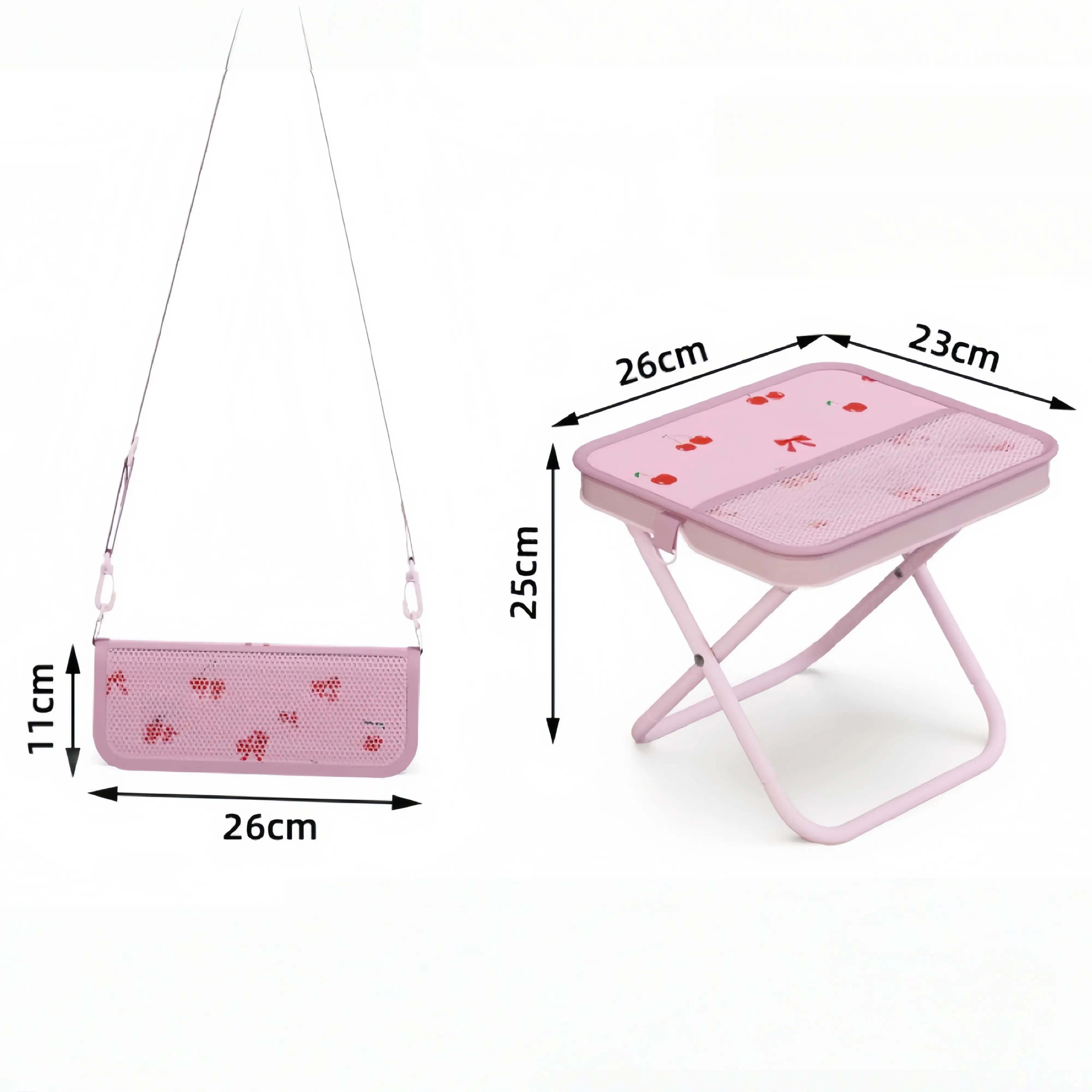 Cute Pink Cherry Print Folding Side Table, Lightweight Portable Small Table for Picnic & Beach