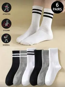 6 Pairs Unisex Stripe and Solid Color Mid-Calf Athletic Fitted Socks, Comfortable Casual Sock Set for Everyday Wear, Versatile Footwear Essentials