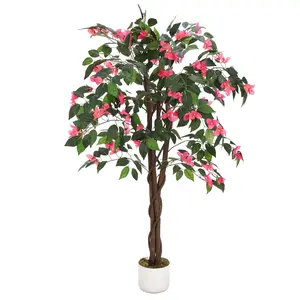 120/160/180cm Bougainvillea Fake Plants, Polyester Fabric Artificial Tree with Flowers in Plastic Pot, Faux Tree for Indoor Outdoor Home Office Decor
