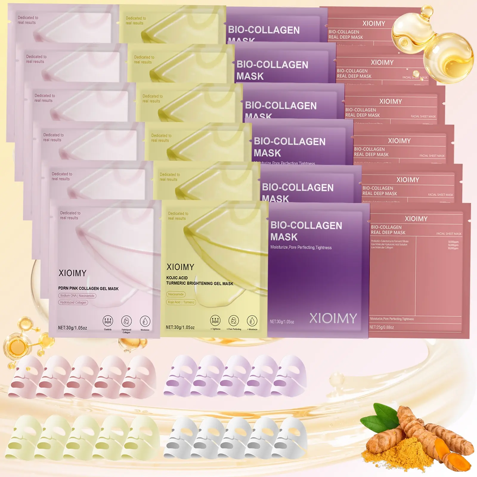 20pcs Multi-Functional Gel Face Mask Set, Collagen, Dna, Kojic Acid & Turmeric Infused, Deep Moisturizing, Deep Moisture Mask, Improves Skin Elasticity, Brightening Effect
