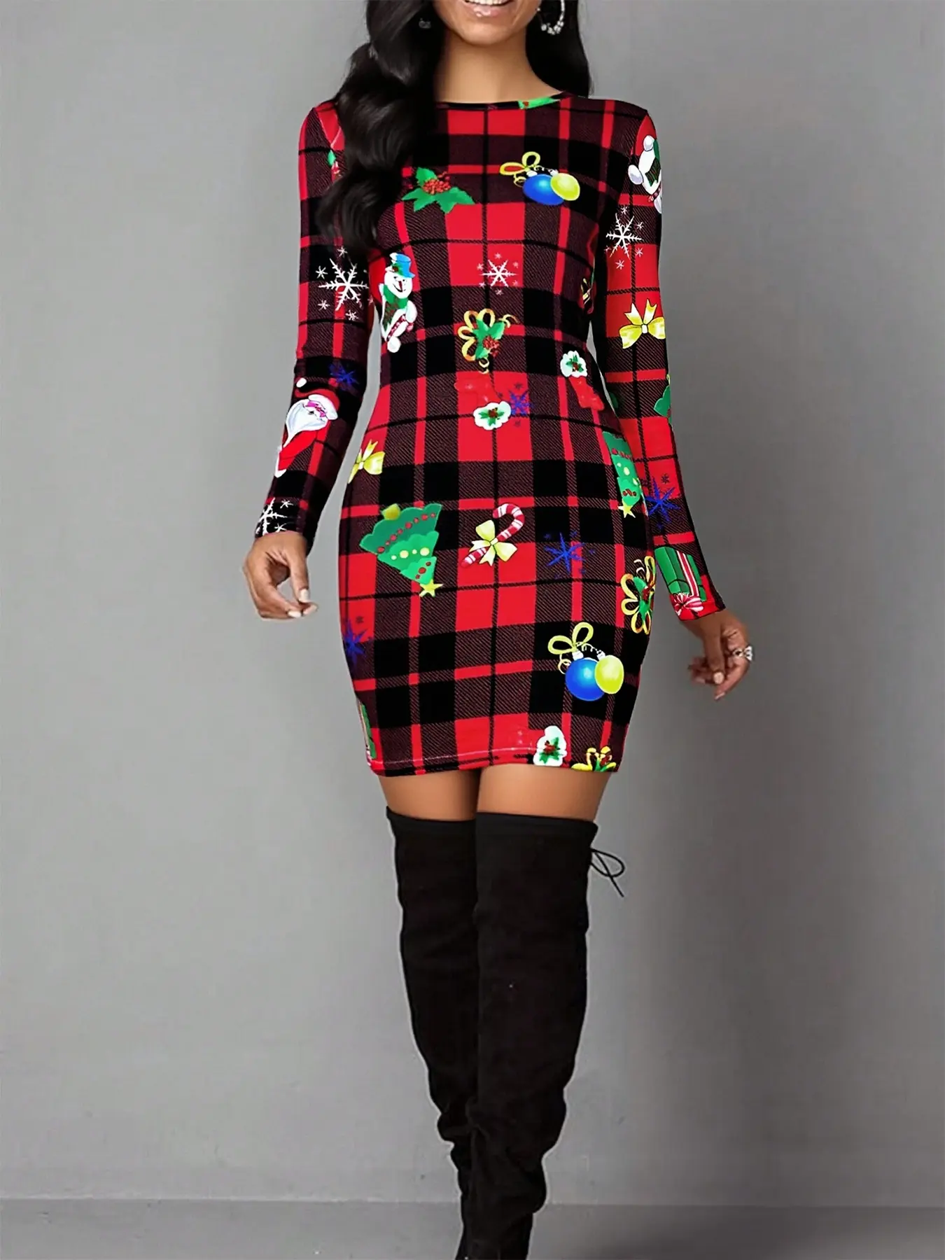 Women's Christmas Colorful Bulb Print Casual Chic Outfit Long Sleeve Dress,  Elastic Polyester Blend Backless Mini Bodycon Skirt for Daily & Party Wear,  Perfect New Year Fashion Outfit - TikTok Shop