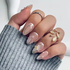 [Frost Bloom] Short Almond Handmade Press on Nails, Fake Nails with Nail tool kit with Jelly Stickers, Reusable, Durable