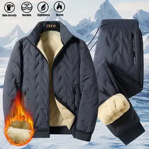Men’s Two-Piece Casual Suit with Fleece Lining, Heavyweight Thickened Jacket and Pants for Winter Sports, Zip-Up Cardigan Jacket with Warm Lining, Unisex Leak-Proof Trousers, Elastic Waistband, Solid Color, Versatile for Home and Outdoor Use, Windproof Th