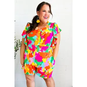 Under The Sun Abstract Floral Smocked Waist V Neck Flutter Sleeve Romper