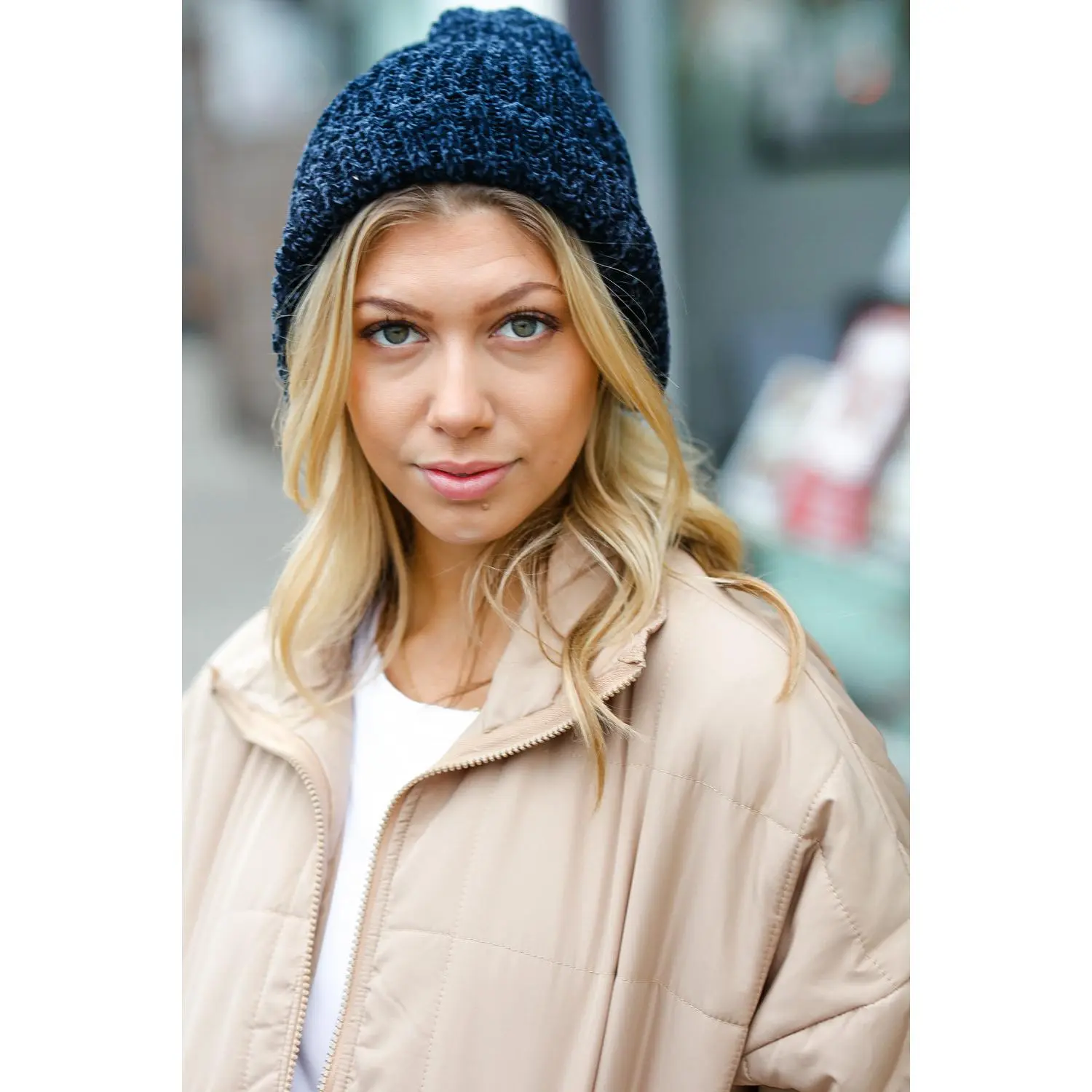 Navy Knit Velvet Chenille Fold Over Beanie