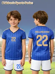 2-piece quick-drying soccer set for children and boys with blue leaf pattern, featuring gold number 22 and name BELLINGHAM, including a soccer jersey and moisture-wicking sweatpants, suitable for training, competitions and outdoor activities.