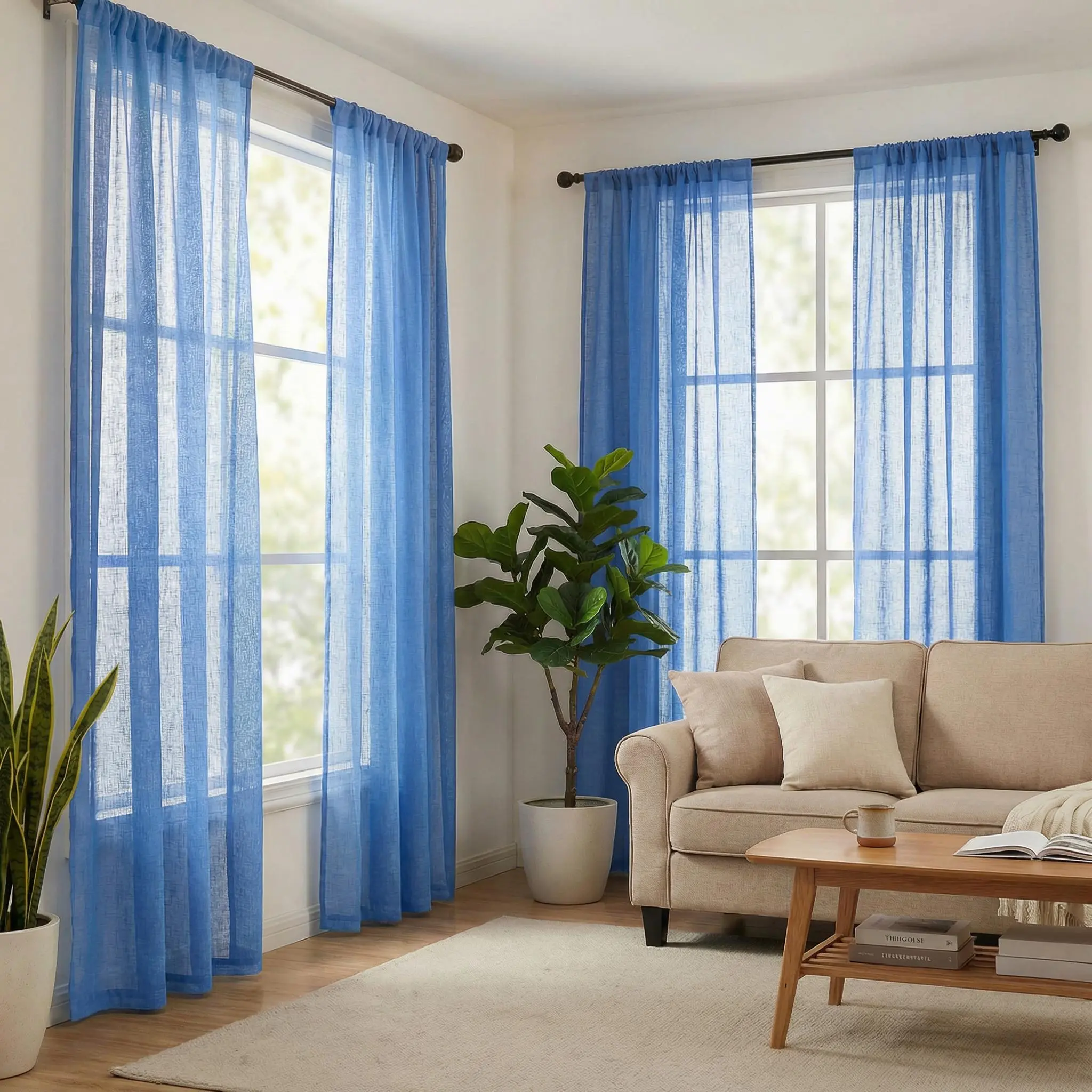 4-Piece Faux Linen Solid-Color Polyester Flat Weave Rod-Pocket Curtains (52x95 in), Semi-Sheer, Stretch, Dustproof, Fade-Resistant, Breathable Lightweight Premium Window Drapes, Easy Installation, Suitable for Bedrooms, Living Rooms, L21