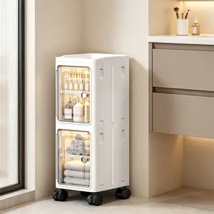 22cm Ultra Narrow Slim Storage Cabinet 2-5 Tier Optional, White Plastic Gap Cabinet with Clear Transparent Flip Door, Rolling Mobile Unit with Lockable Swivel Wheels, Adjustable Removable Shelf for Bathroom Kitchen Laundry Small Space