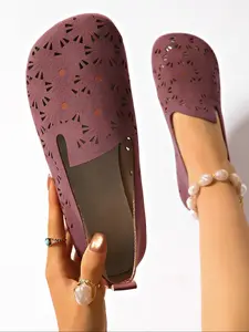 Women's Floral Cutout Flat Shoes, Soft Anti-Slip Rubber Sole, Lightweight PU Leather Lining, Cute Design for All Seasons, Slip On Flats