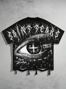 Eye print short sleeved Crewneck t-shirt men's loose fit perforated short sleeved shirt, cross eyed t-shirt summer bat sleeve unisex European and American Streetwear street fashion brand American retro short sleeved men's Y2K style