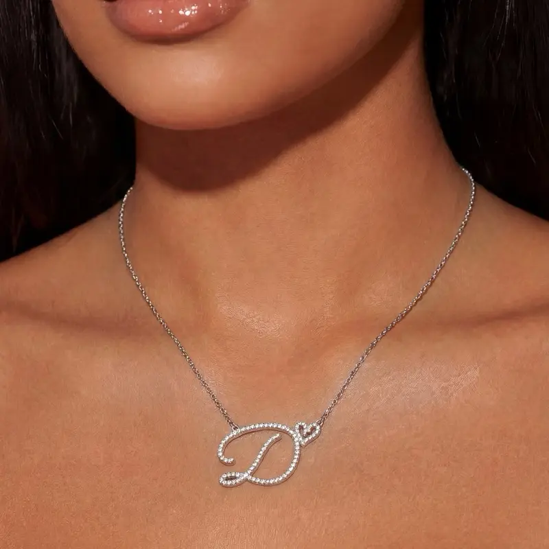 Dainty Heart Script Initial Necklace | Personalized CZ Pendant, Gold or White Gold | Gift for Her