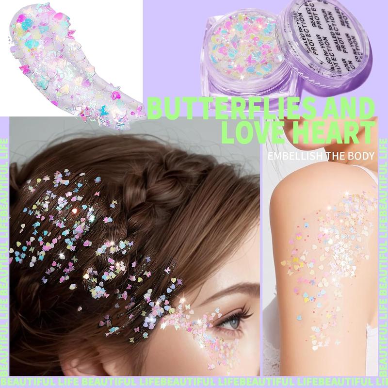 Body Glitter Face Glitter Makeup Festival Glitter, Body Glitter Gel, Hair Glitter Gel, 6 Shapes Rave Glitter, Mermaid Sequins Makeup Glitters Face Paint, Chunky Sparkling Glitter Gel for Women