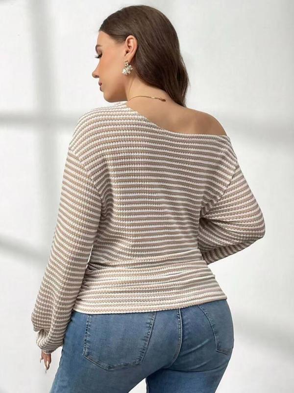 【Plus Size】1 Piece Women's Beige & White Striped Cold Shoulder Long Sleeve Crop Top, Y2K Aesthetic Street Style, Waffle Knit Fabric & Slim Fit, Ruffled Cuff Detail, For Fashion-Forward Women, Perfect for Streetwear, Casual Outings & TikTok Trendy Looks