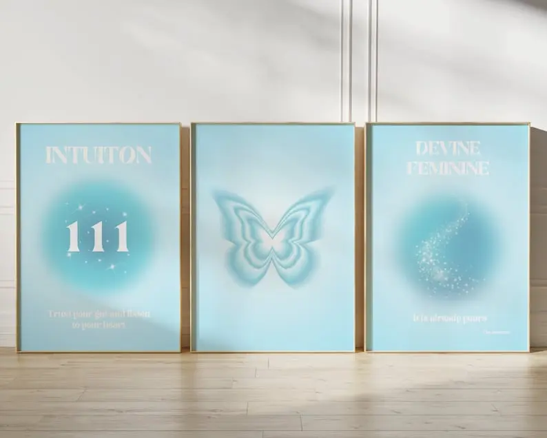 Blue Angel Number 111, Aura Poster Set, Set of 3 Affirmation Poster, Spiritual Wall Art, Gradient Poster Set, Blue Self Love Posters