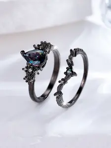 Gothic Fashion 2Pcs/set Colorful Teardrop Cubic Zirconia Rings Set Black Gold Engagement Wedding Bands For Her 0.90cm/0.35in Unique Gift