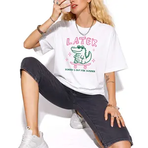 Funny Skateboarding Crocodile Later T-Shirt, School's Out For Summer Graphic Tee, Cute Alligator Summer Break Shirt, Trendy Casual Cartoon T-Shirt, Relaxed Summer Vibe Top