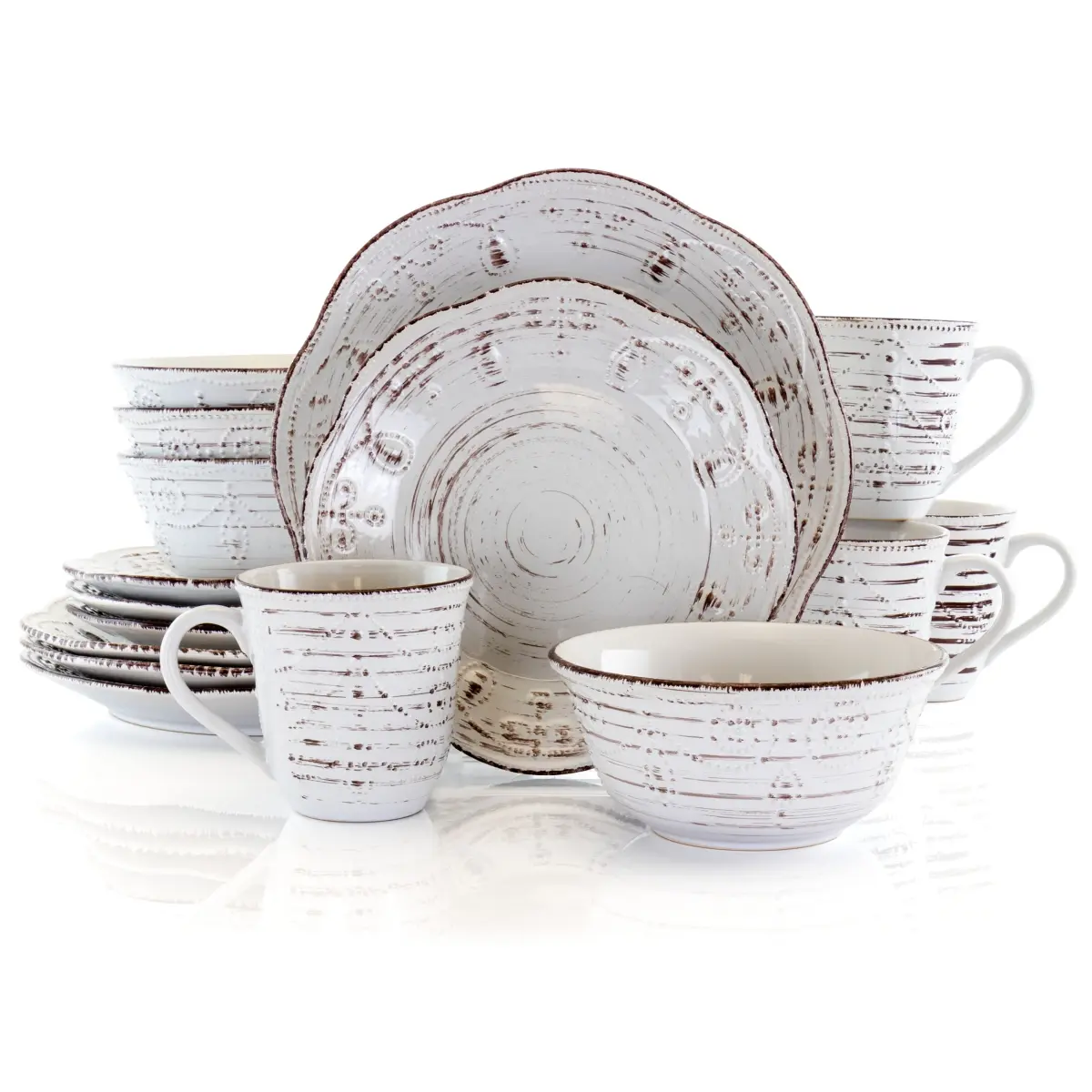 Elama EL-RUSTICBIRCH16 Rustic Birch Stoneware Round Dinnerware Set - White - 16 Piece