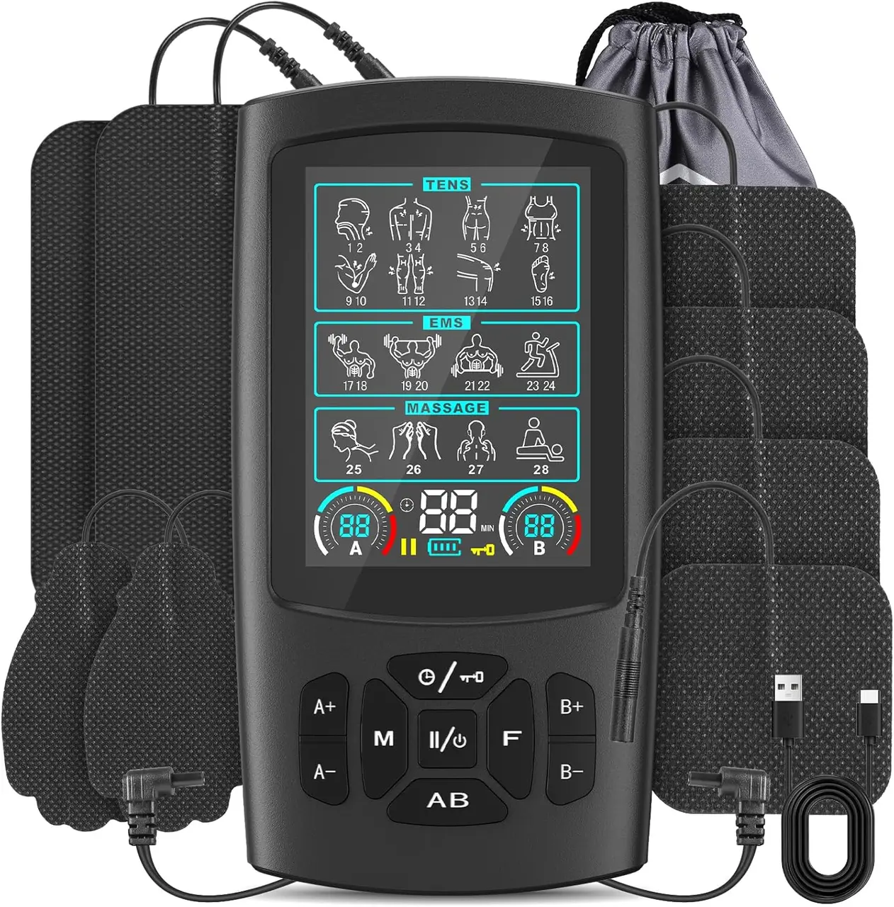 GOBOK TENS & EMS Muscle Stimulator with 28 Modes, Dual Channel Muscle Stimulator Machine with 8/12PCS Electrode Pads, for Muscle Relief, Shoulder, Neck, Back, New Upgraded Color Screen
