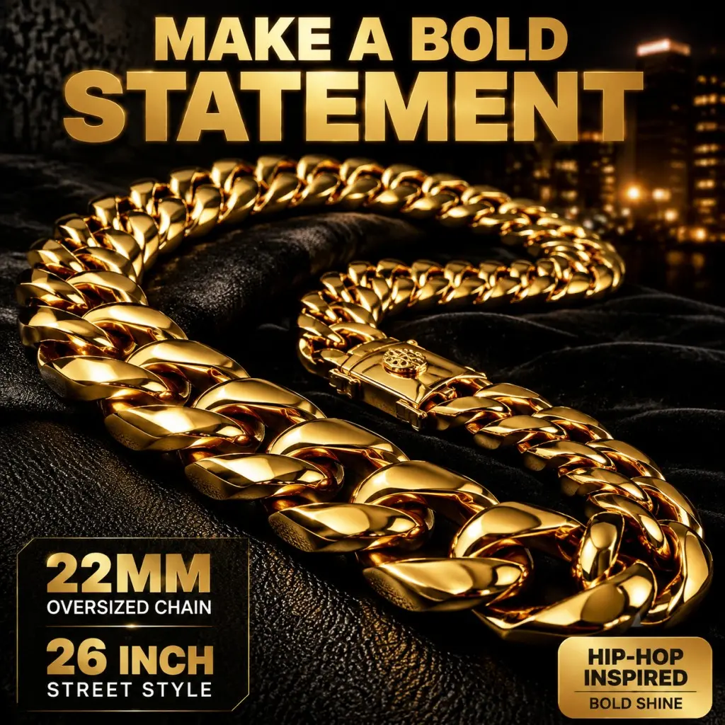 Men's Chunky Cuban Link Chain Necklace, 22mm 26in 18K Gold-Plated, Elegant Heavy-Duty Gold Link Necklaces with Durability, Anti-Tarnish, Waterproof, Hip Hop Streetwear, Ideal Gift for Him