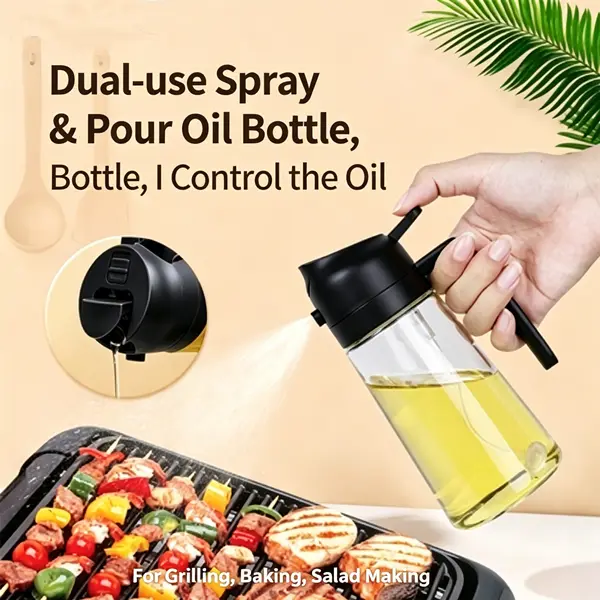 2-in-1 Spray-Pour Oil Dispenser Bottle, Spray Type Kitchen Utensil with Double-Sealed Lid, Leakproof Refillable Container, Dust-Proof Structure, Solves Leakage and Dosage Control Issues for Healthy Cooking, Grilling, Salad Making & Tidy Space