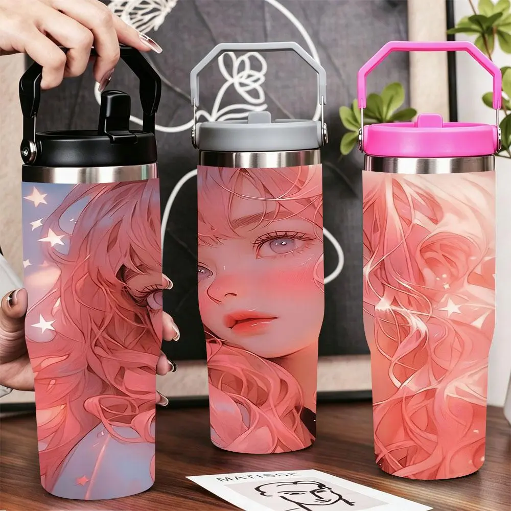 Pink Curly Haired Girl with Stars Stainless Steel Tumbler with Lid & Straw | 40oz 30oz 22oz 20oz 12oz Double Wall Vacuum Insulated Cup, Keeps Cold & Hot, Leak Proof BPA-Free Travel Mug for Gym Office Car