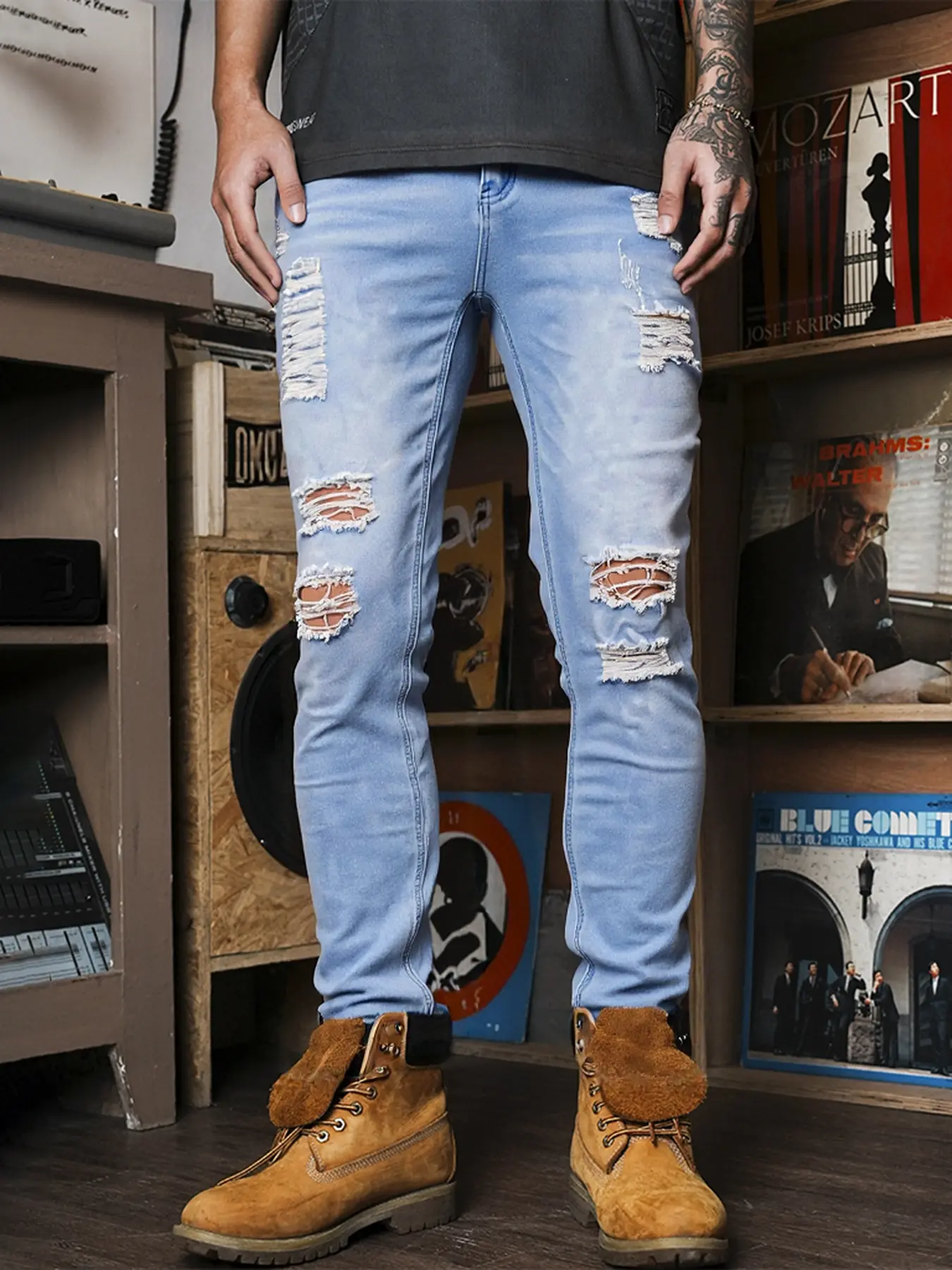 Men's Slim Fit Ripped Denim Classic Jeans, Elastic Fabric, Light Wash, Casual Style, Streetwear, All Seasons Comfort, Fashionable and Durable