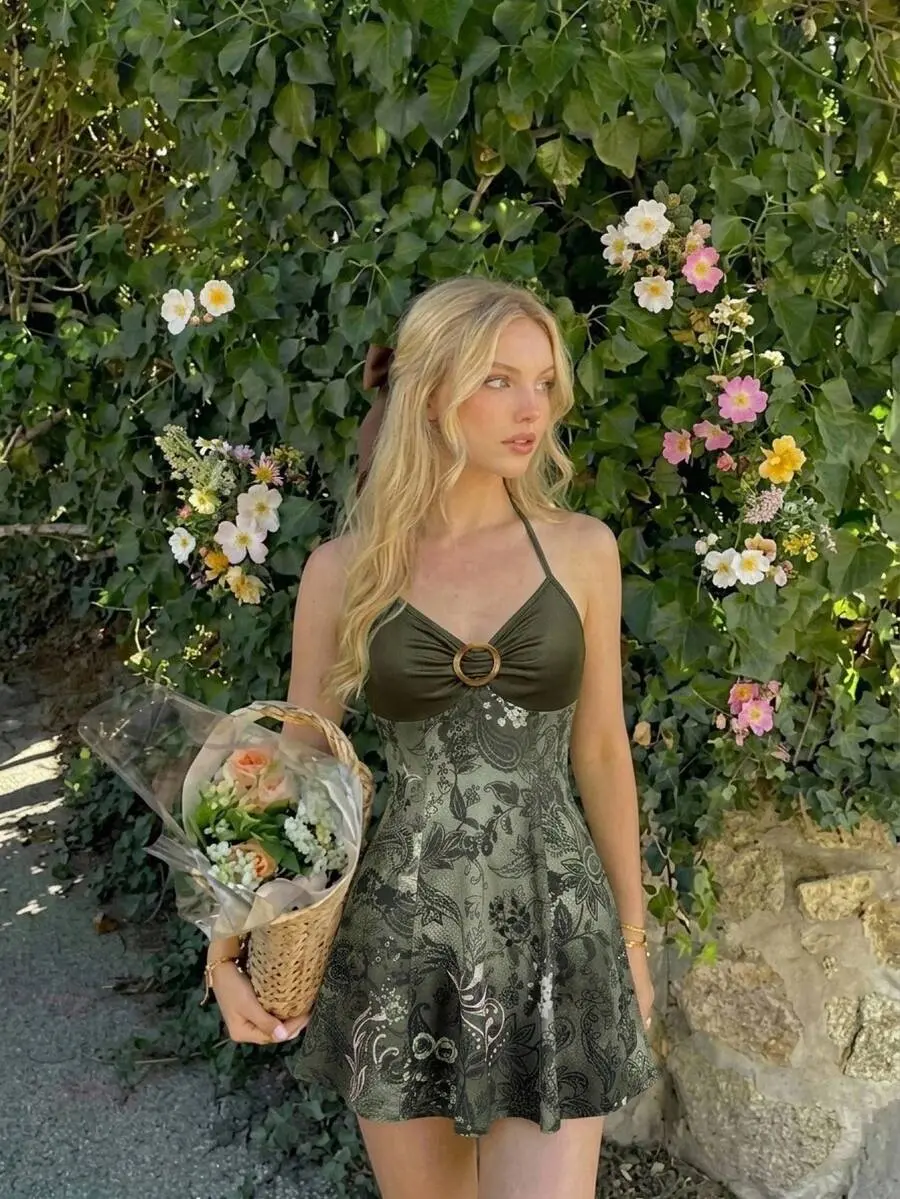 Olive Green Halter Mini Dress With O-Ring Bust Detail And Botanical Paisley Print Ruched Fitted Waist, Flared Skater Skirt For Picnic & Brunch