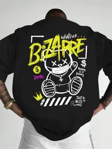 SageSprint Men's Plus Size Short Sleeve T-Shirt, Odd Bear & Strange Letter Graphic Print, Fashion Streetwear Menswear Casual Wear, Perfect for Daily