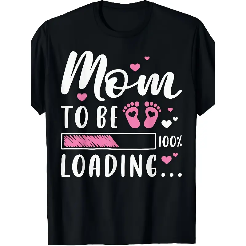Humorous Pregnancy Reveal T-Shirt for Women - Loading Mom to Be Graphic Featuring Footprints And Heartbeat Design - Adorable Outfit for Expecting Mothers, Cozy Round Neck Tee for Maternity, Plus Size