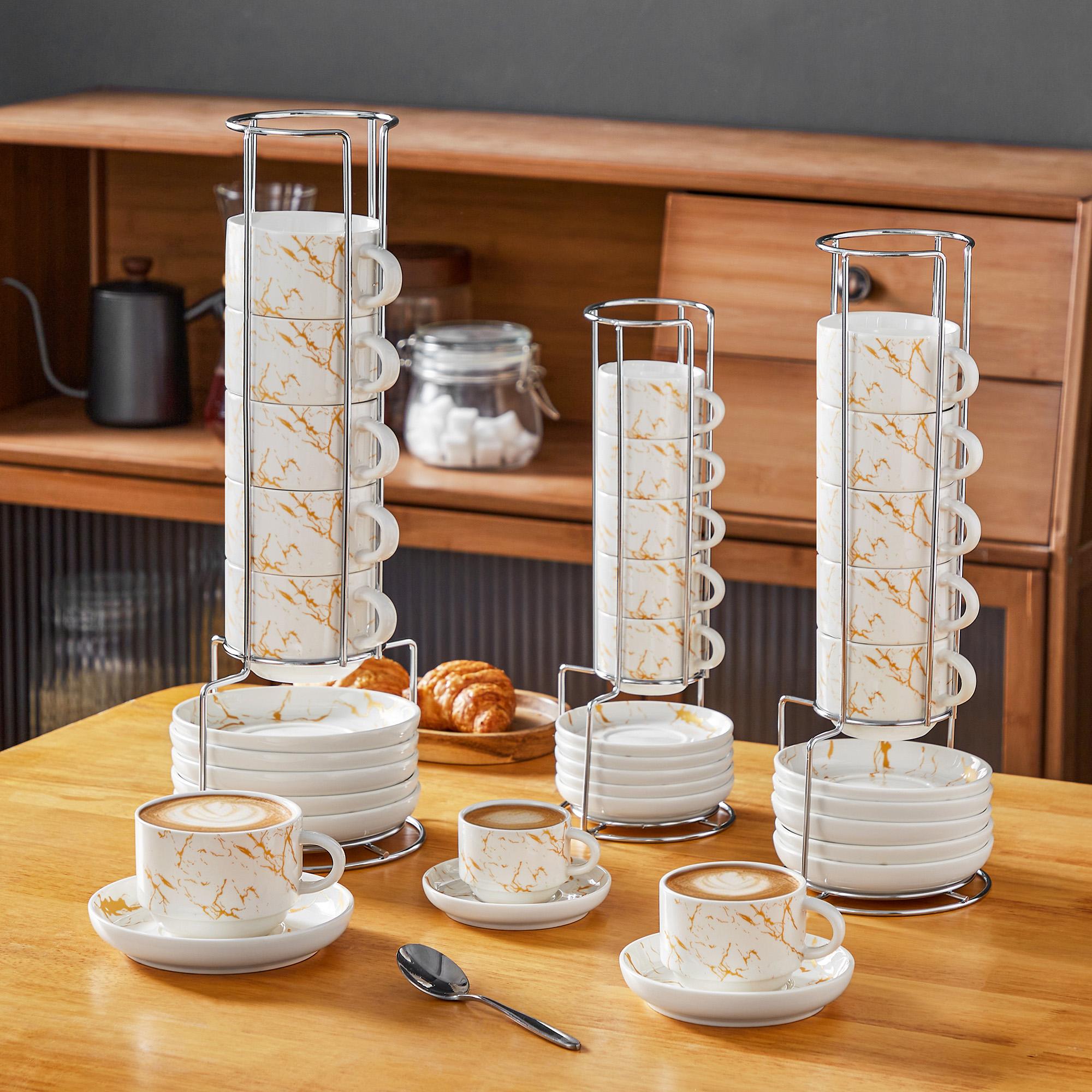 MALACASA 3/5/9 OZ Porcelain Espresso Cups (includes saucers and metal cup holder) 6-Piece Set, Stackable Cappuccino Cups, Coffee Cups, and Tea Cups, Marble-Patterned Espresso Cup Set, Perfect for Espresso, Lattes, and Tea