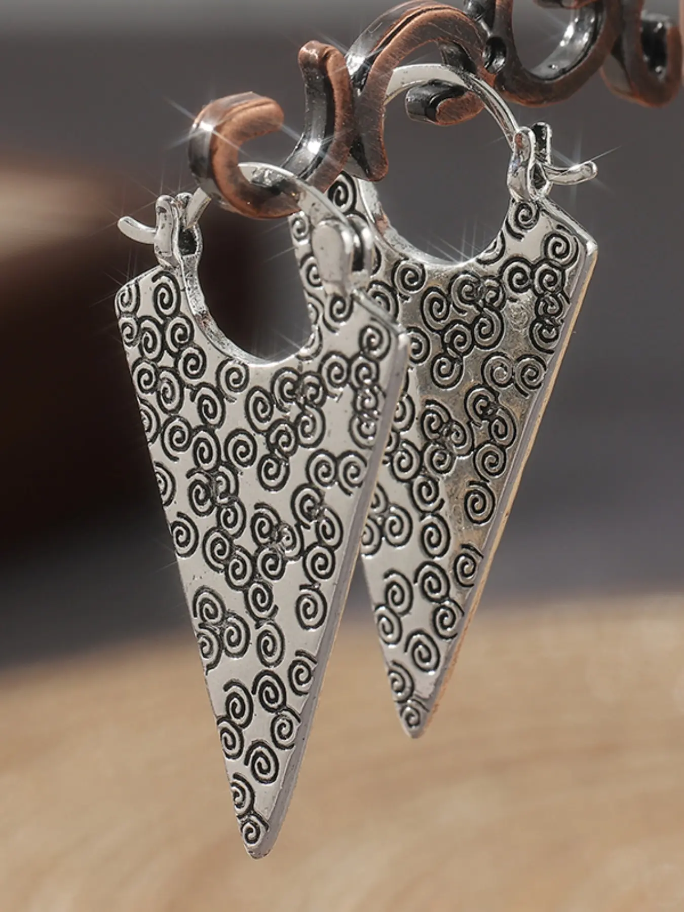 Vintage Handcrafted Carved Swirl Pattern Earrings, Geometric Copper Earrings with Ethnic Style, Elegant Jewelry for All Seasons
