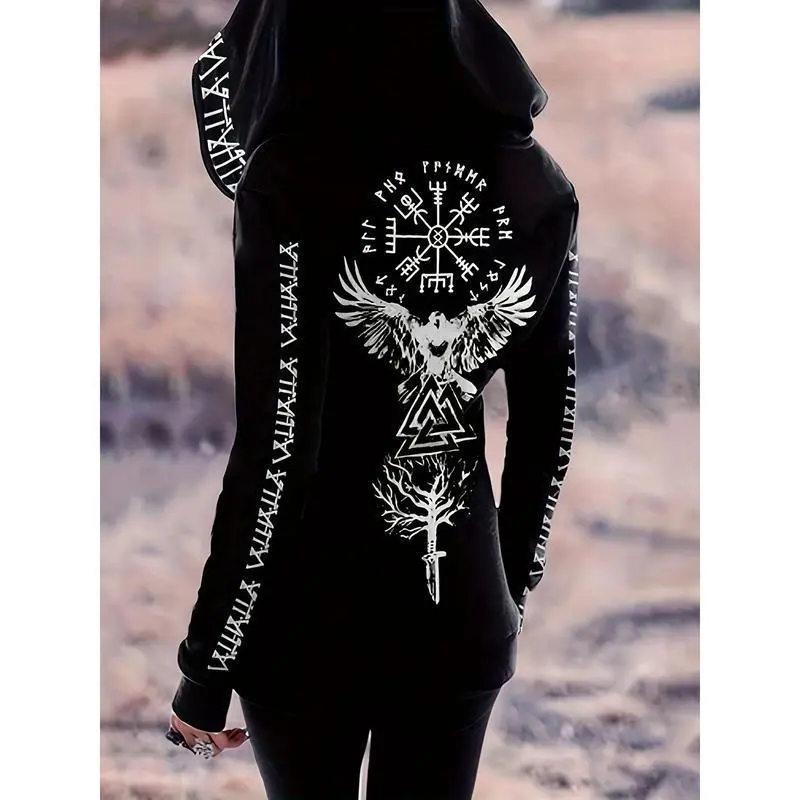 Women's Vintage Gothic Viking Pattern Knit Hoodie Sweatshirts - Casual Zipper-Front Long-Sleeve Polyester Sports Outerwear, Machine Washable, Drawstring Hood, Random Print, Regular Cut