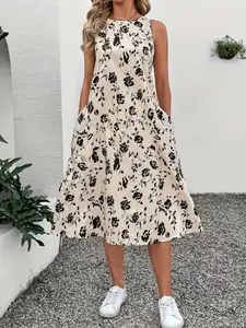 Fashion Simple Sleeveless Printed Ditsy Floral Summer Women's Dress, Casual Wear Style, Perfect for Warm Weather, Stylish and Comfortable